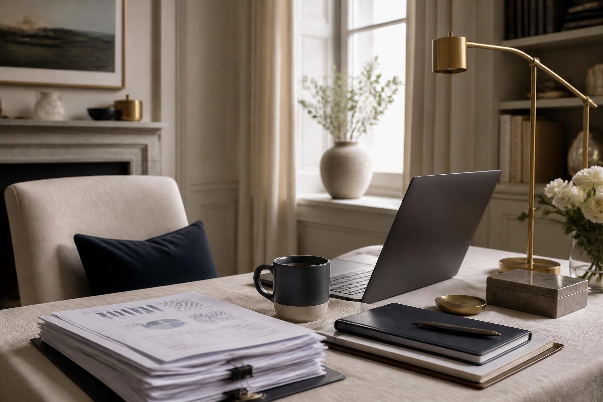 Organized desk with financial documents, laptop and coffee in natural light
